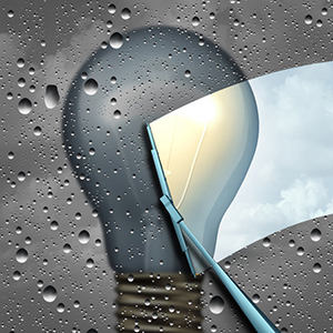 63970819 - positive thinking and eliinating negative outlook as a wiper clearing a cloudy wet window with a grey dark light bulb and a wiper cleaning it to expose a clean bright light as a solution and possibility icon as a 3d illustration.